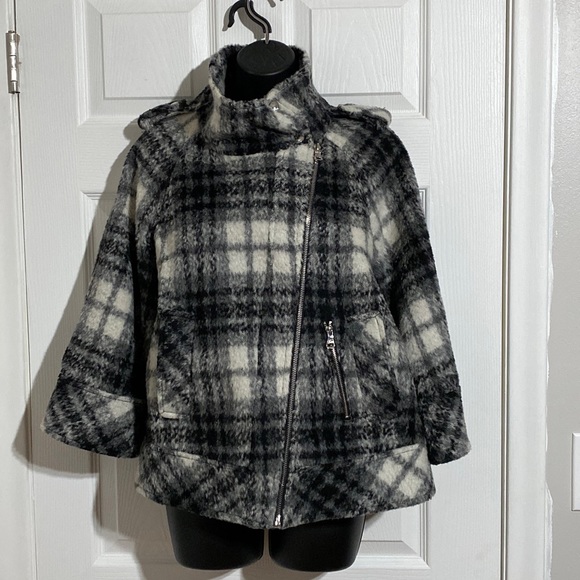 Guess Black and White Plaid Moto Swing Style 3/4 Sleeve Wool Blend Zip Sz S/Ch/P - Picture 1 of 13